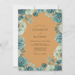 Teal Ochre Leafy Wedding Invitation