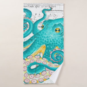 Teal Octopus Nautical Map Watercolor Bath Towel Set