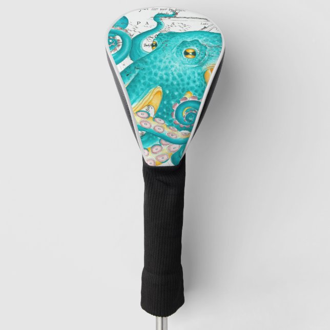 Teal Octopus Nautical Map Watercolor Golf Head Cover (Front)