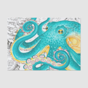 Teal Octopus Nautical Map Watercolor Tissue Paper