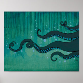 Teal Octopus Tentacles Acrylic Painting Poster
