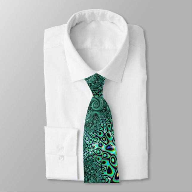 Teal Octopus Tentacles Steampunk Style Fractal Art Tie (Tied)