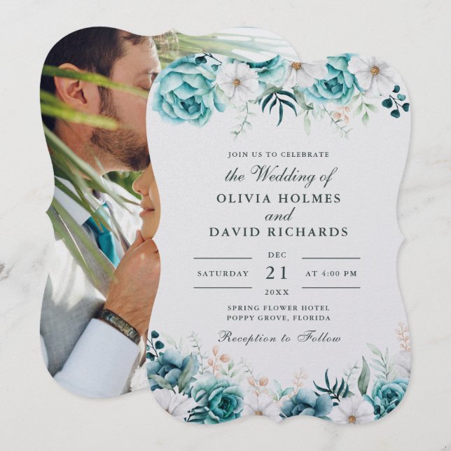 Teal Off-White Wildflowers Couple Photo Wedding Invitation (Front/Back)