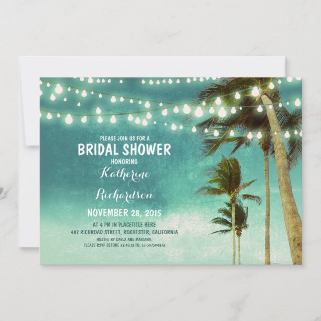 teal ombre beach bridal shower string lights invitation (Front)