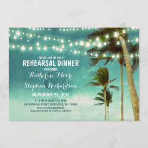 teal ombre beach rehearsal dinner string lights invitation