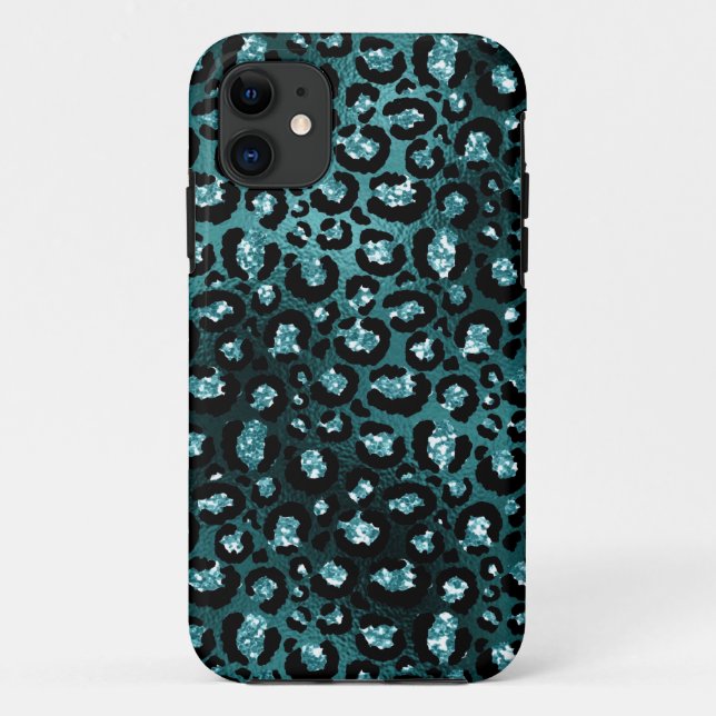 Teal Ombre & Black Glam Glitter Leopard Spots Case-Mate iPhone Case (Back)