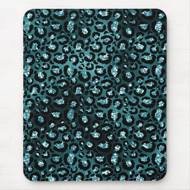 Teal Ombre & Black Glam Glitter Leopard Spots Mouse Mat (Front)