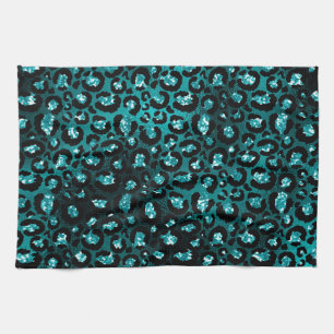 Teal Ombre & Black Glam Glitter Leopard Spots Tea Towel