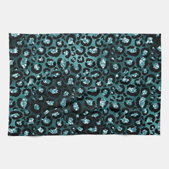 Teal Ombre & Black Glam Glitter Leopard Spots Tea Towel (Horizontal)