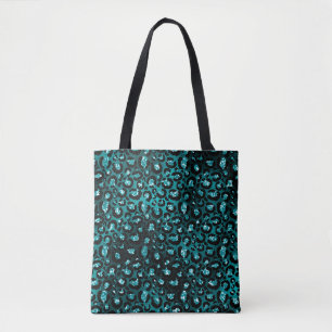 Teal Ombre & Black Glam Glitter Leopard Spots Tote Bag
