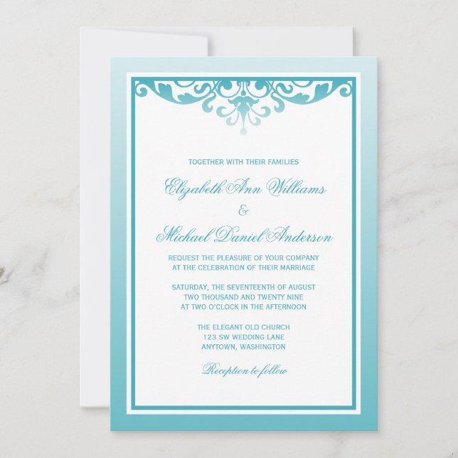 Teal Ombre Border Flourish Wedding Invitation (Front)