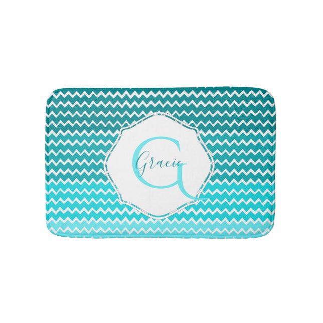 Teal Ombre Chevron Personalised Bath Mat (Front)