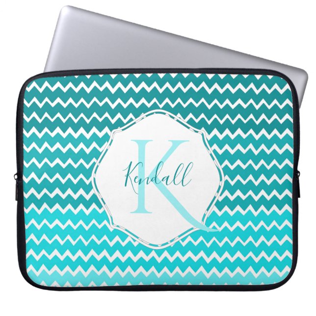Teal Ombre Chevron Personalised Laptop Sleeve (Front)