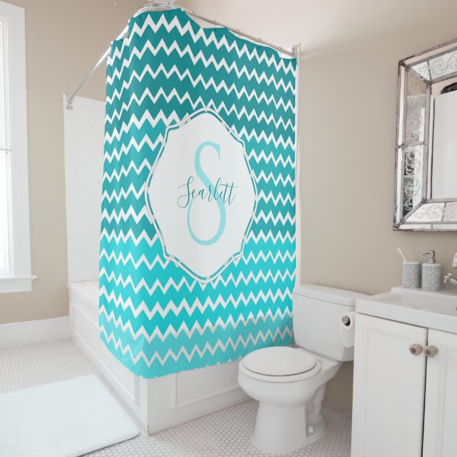 Teal Ombre Chevron Personalised Shower Curtain (In Situ)