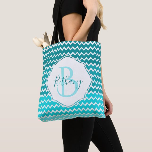 Teal Ombre Chevron Personalised Tote Bag (Close Up)