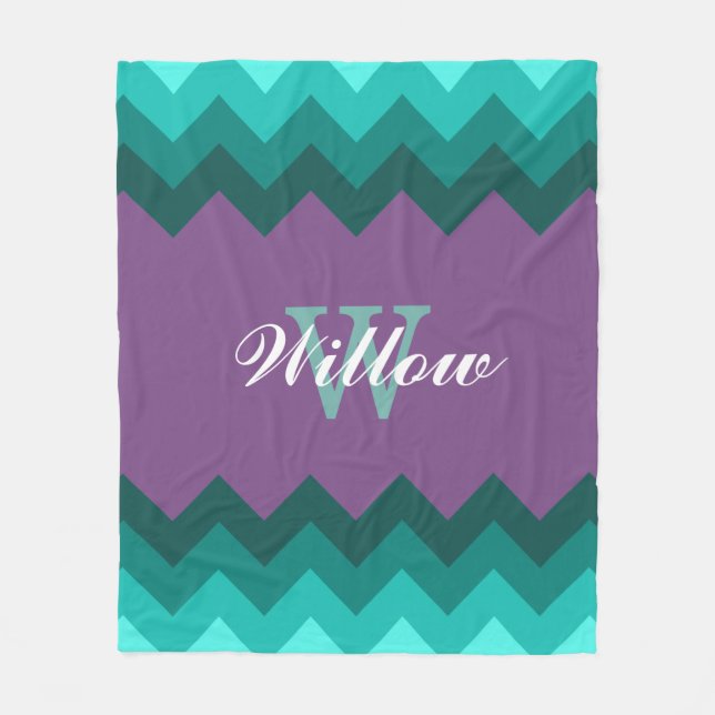 Teal Ombre Chevrons Monogram Fleece Blanket (Front)