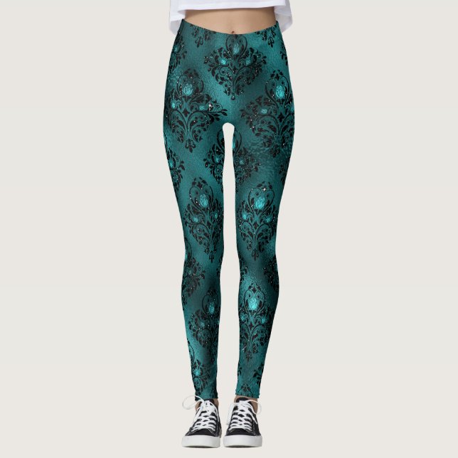 Teal Ombre Glam Glitter Damask Pattern Leggings (Front)