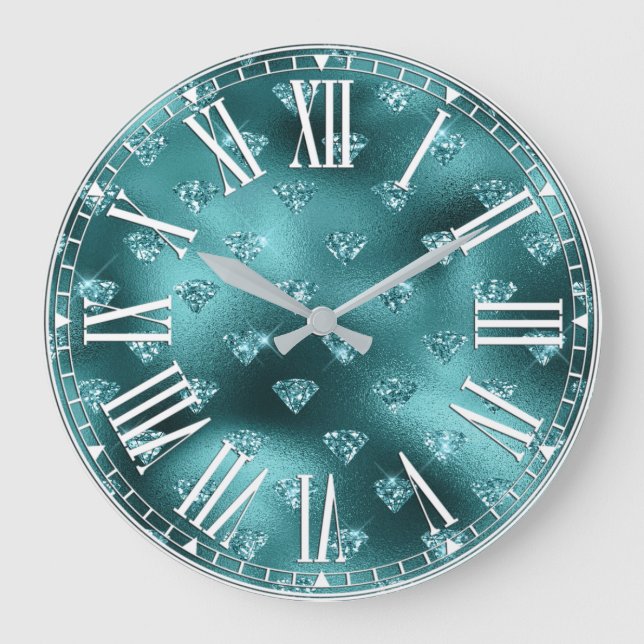 Teal Ombre Glam Glitter Diamonds Pattern Large Clock (Front)