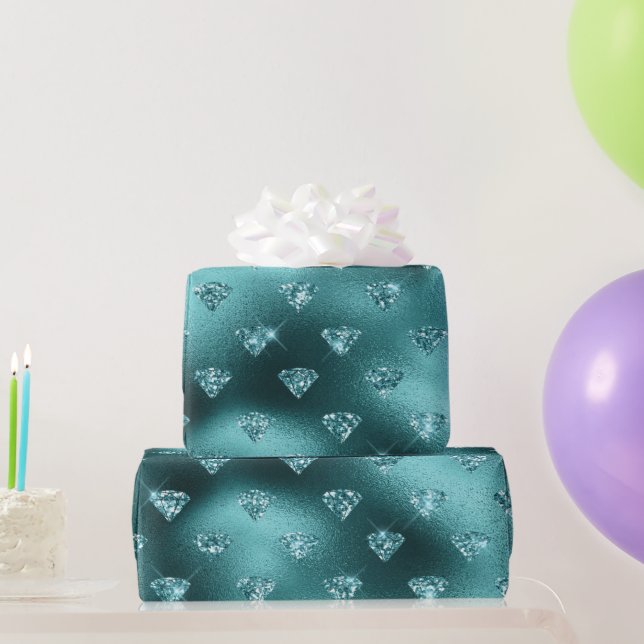 Teal Ombre Glam Glitter Diamonds Pattern  Wrapping Paper (Party Gifts)