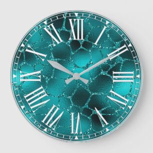 Teal Ombre Glam Glitter Giraffe Spots Pattern Large Clock