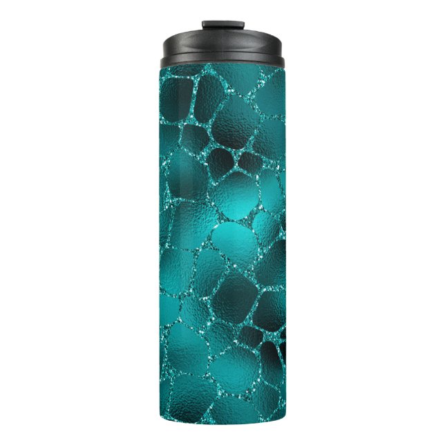 Teal Ombre Glam Glitter Giraffe Spots Pattern Thermal Tumbler (Front)