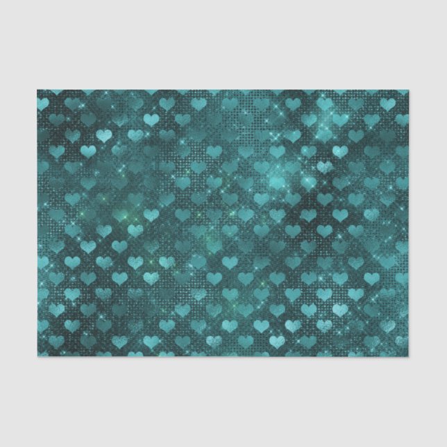 Teal Ombre Glam Glitter Hearts Pattern Tissue Paper (Front)