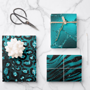 Teal Ombre Glam Glitter Jungle Animal Print Wrapping Paper Sheet