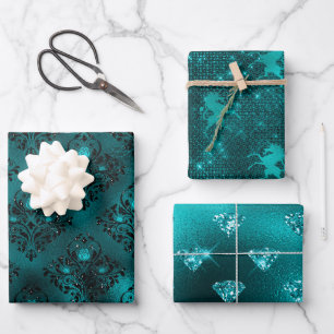 Teal Ombre Glam Glitter Patterns Wrapping Paper Sheet