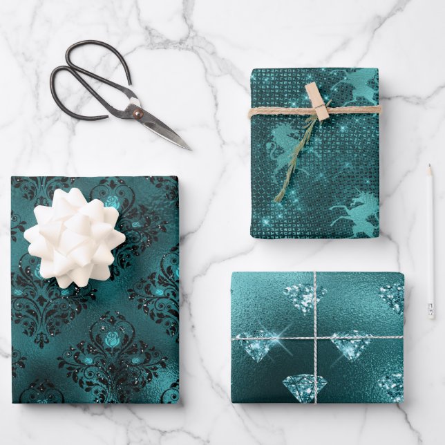 Teal Ombre Glam Glitter Patterns Wrapping Paper Sheet (Front)