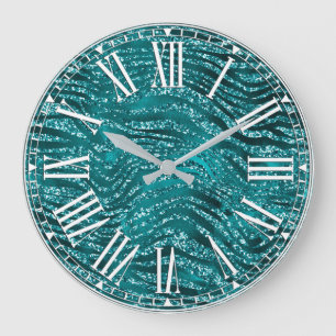 Teal Ombre Glam Glitter Tiger Stripes Pattern Large Clock