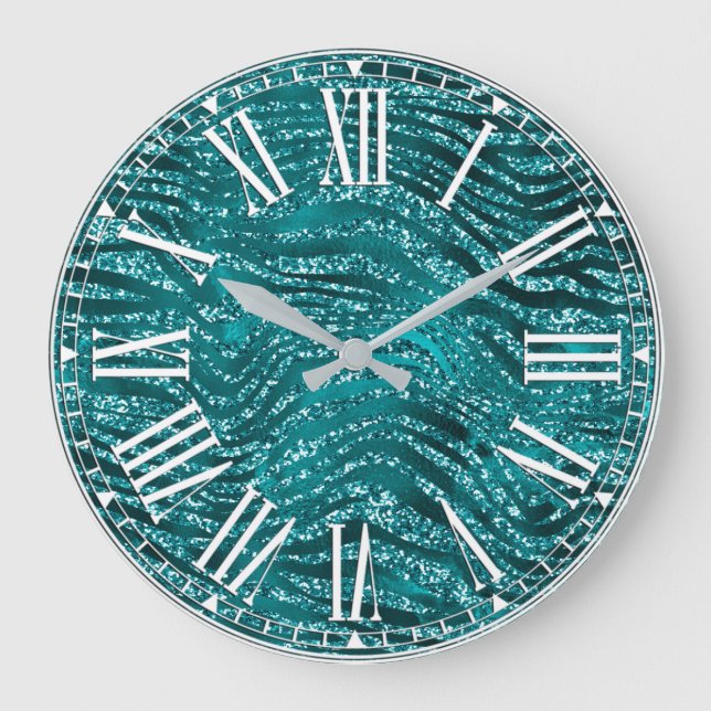 Teal Ombre Glam Glitter Tiger Stripes Pattern Large Clock (Front)