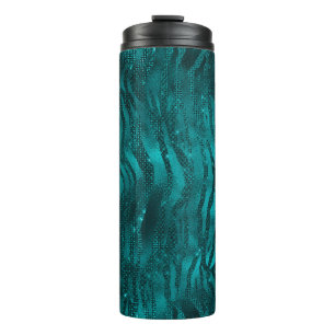 Teal Ombre Glam Glitter Tiger Stripes Pattern Thermal Tumbler