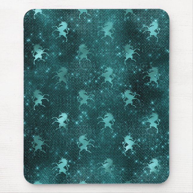 Teal Ombre Glam Glitter Unicorns Pattern Mouse Mat (Front)