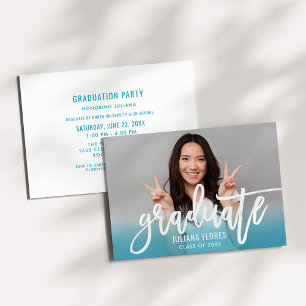 Teal Ombre Graduate Brush Photo Graduation Party Invitation