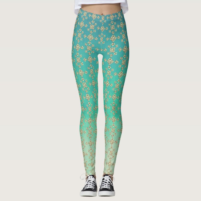Teal Ombre & Shades of Grey, Geometric Tile Leggings (Front)