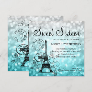 Teal Ombre Sweet Sixteen Romantic Paris Glam Invitation
