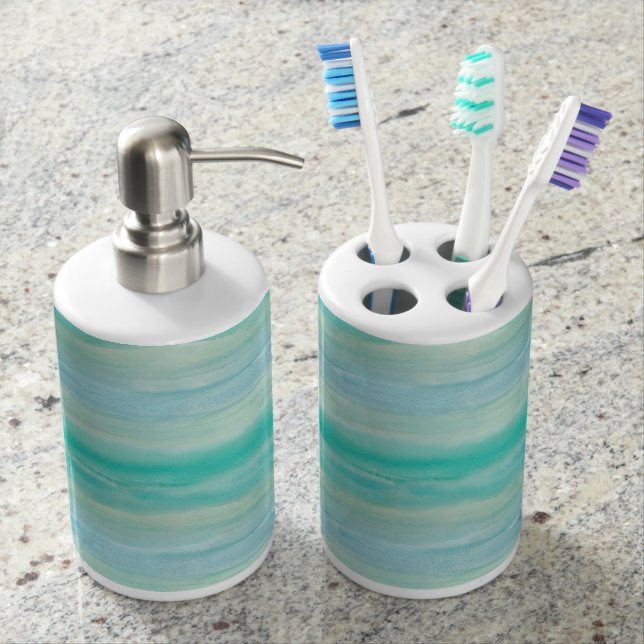 Teal Ombre Watercolor Soap Dispenser And Toothbrush Holder (Front)