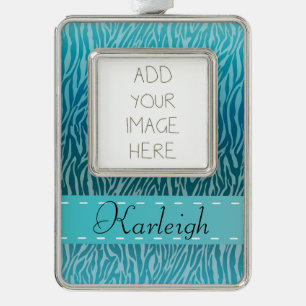 Teal Ombre Zebra print Silver Plated Framed Ornament
