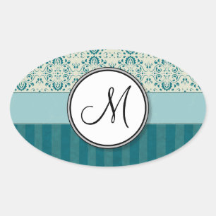 Teal on Cream Damask with Stripes and Monogram Oval Sticker