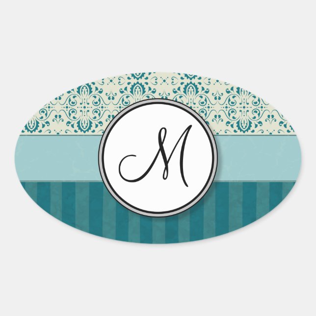 Teal on Cream Damask with Stripes and Monogram Oval Sticker (Front)