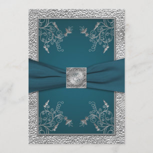 Teal on FAUX Pewter Monogram Wedding Invite