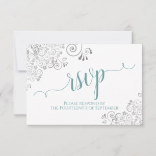 Teal on White Elegant Calligraphy Frilly Wedding RSVP Card