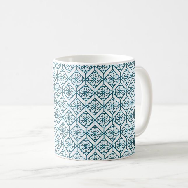 Teal on White Ethnic Pattern, Flowers, Chevrons Coffee Mug (Front Right)