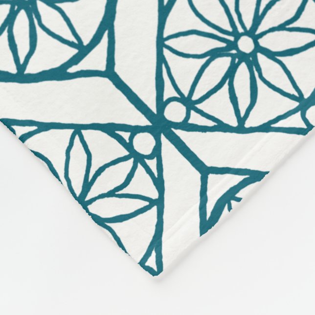 Teal on White Ethnic Pattern, Flowers, Chevrons Fleece Blanket (Corner)