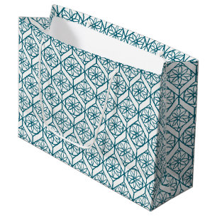 Teal on White Ethnic Pattern, Flowers, Chevrons Large Gift Bag
