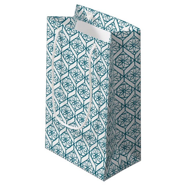 Teal on White Ethnic Pattern, Flowers, Chevrons Small Gift Bag (Front Angled)