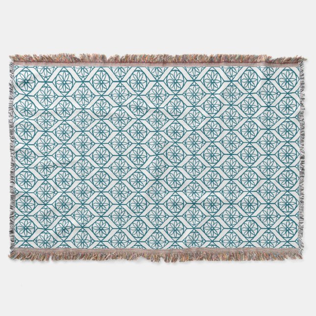 Teal on White Ethnic Pattern, Flowers, Chevrons Throw Blanket (Front)