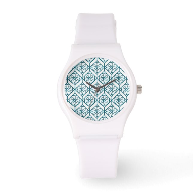 Teal on White Ethnic Pattern, Flowers, Chevrons Watch (Front)