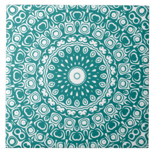 Teal on White Mandala Kaleidoscope Medallion Tile