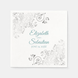 Teal on White with Silver Frills Elegant Wedding Napkin